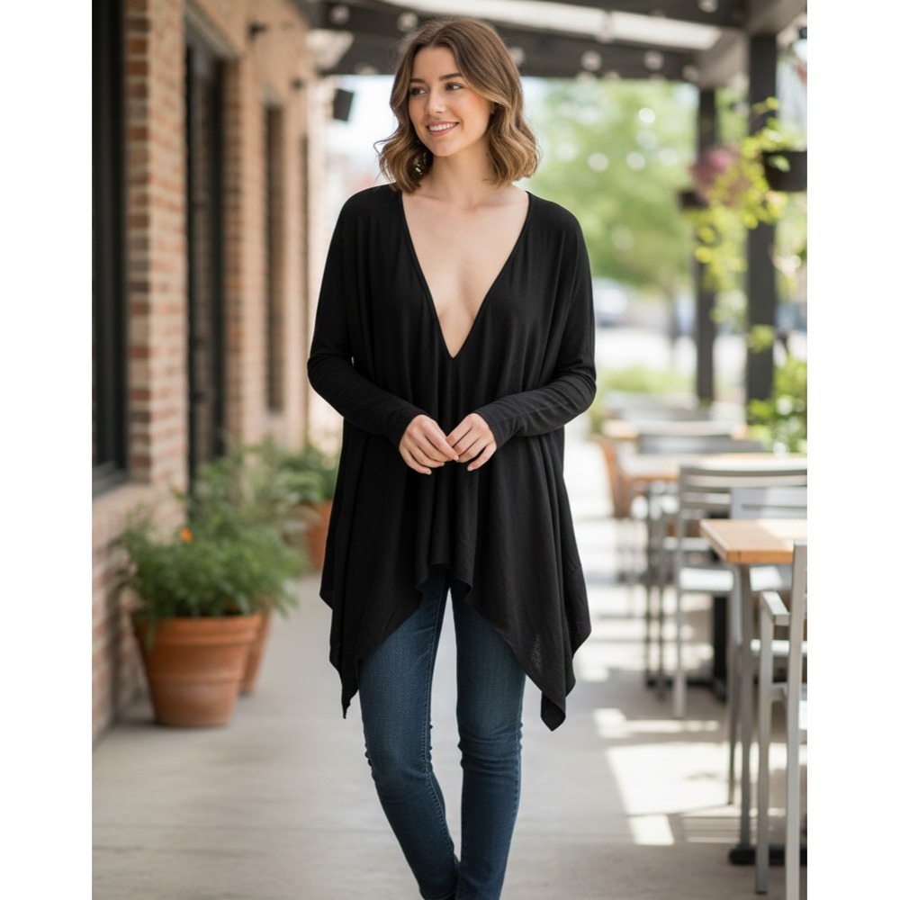 Talia‎ Blouse Womens Medium Black Cotton Stretch Asymmetrical Hem Plunge V-Neck